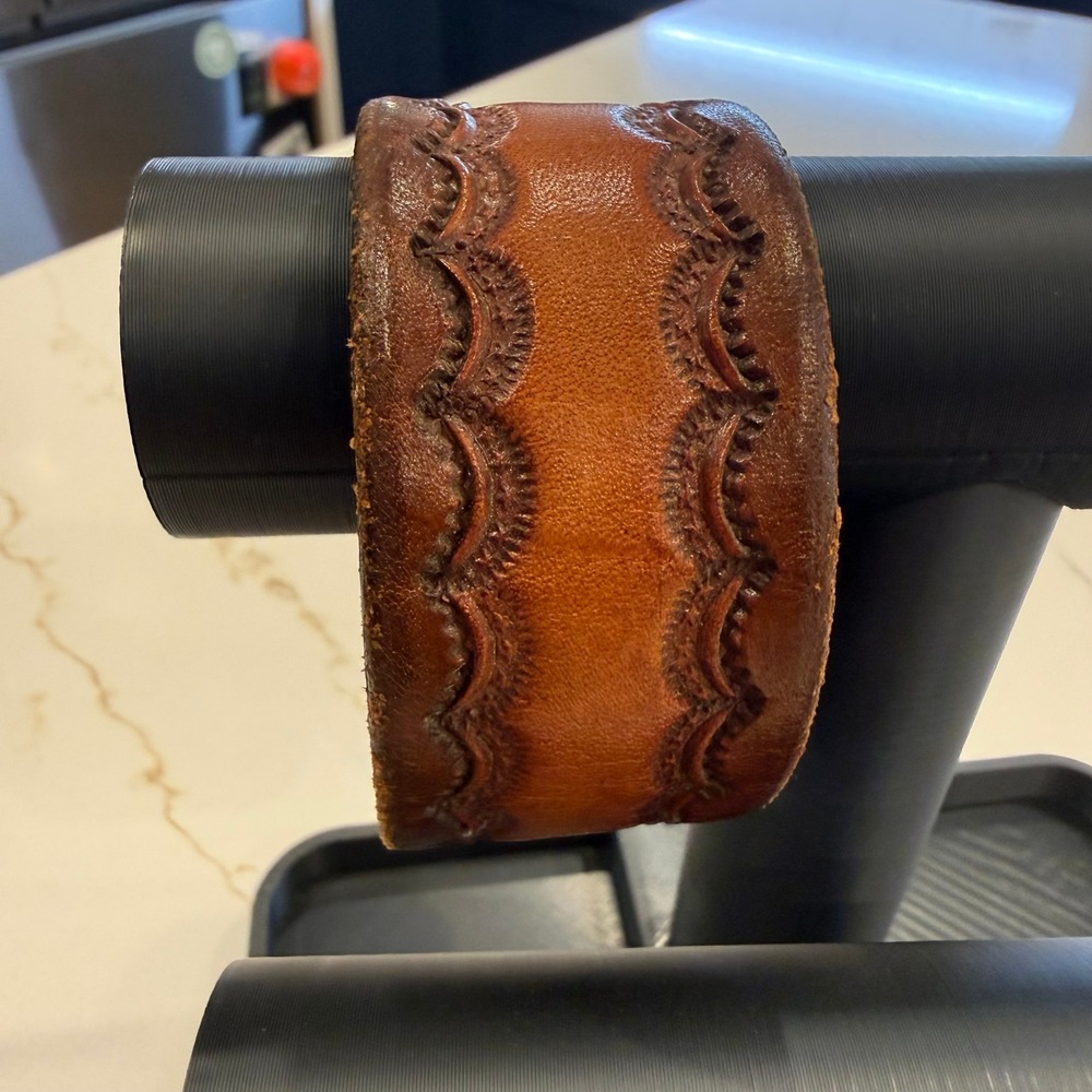 Western Boho Tooled Leather Cuff Bracelet Brown Wide Brass Tone Snap